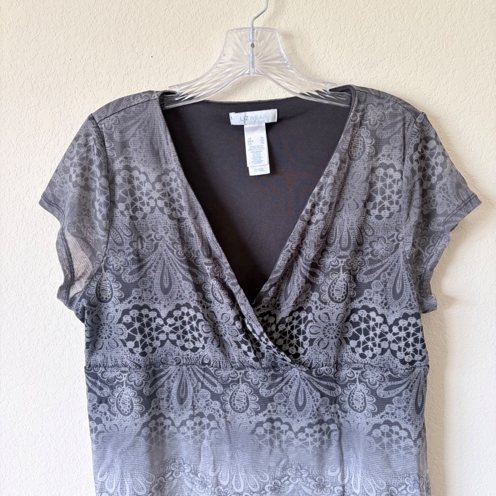 Vintage Lizwear Y2K Whimsigoth Mesh Overlay Surplice Top Ombre Lace Paisley XL - Picture 2 of 6
